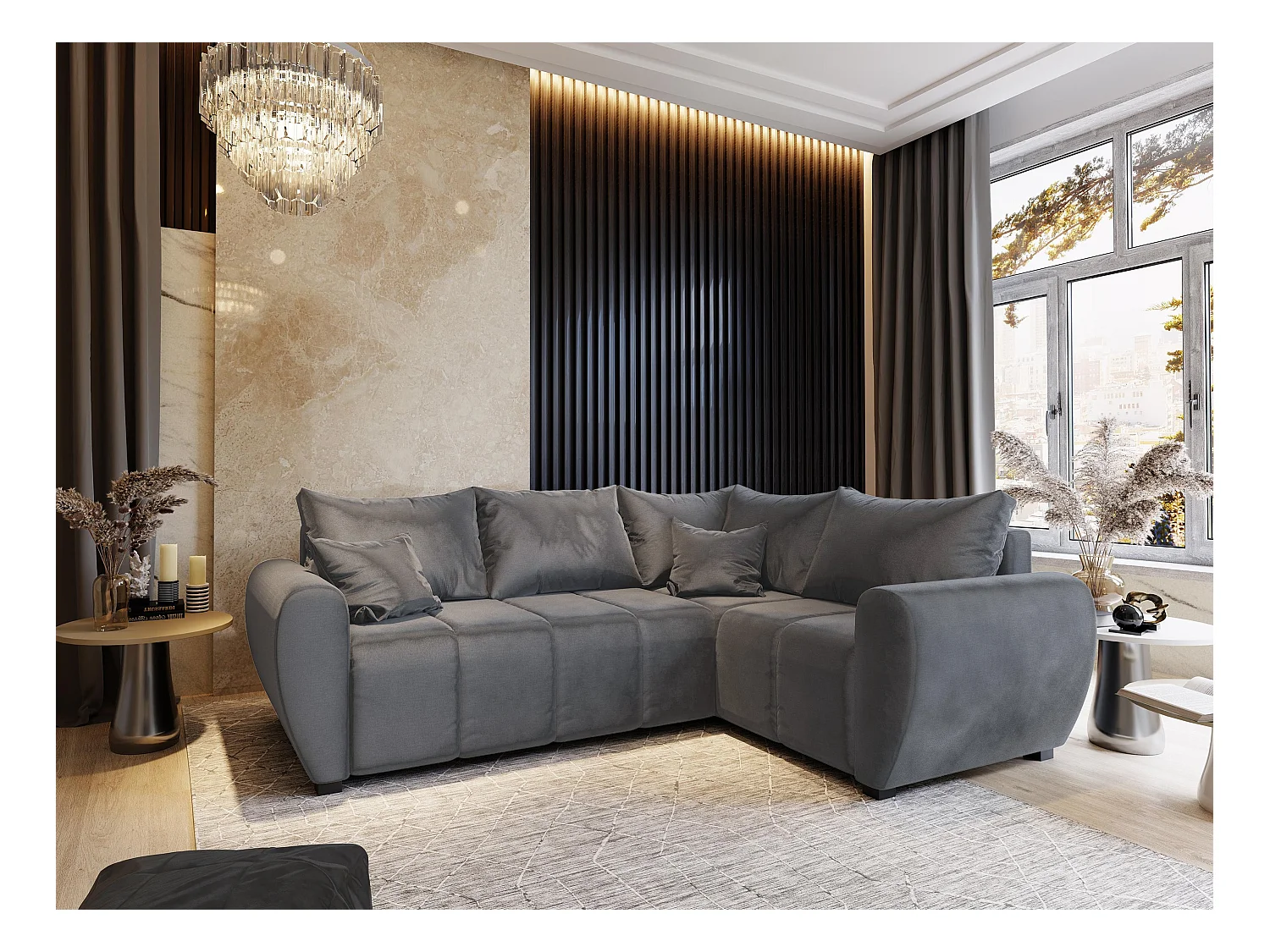 Canapé d'angle MADISON Gris en peluche avec fonction de couchage