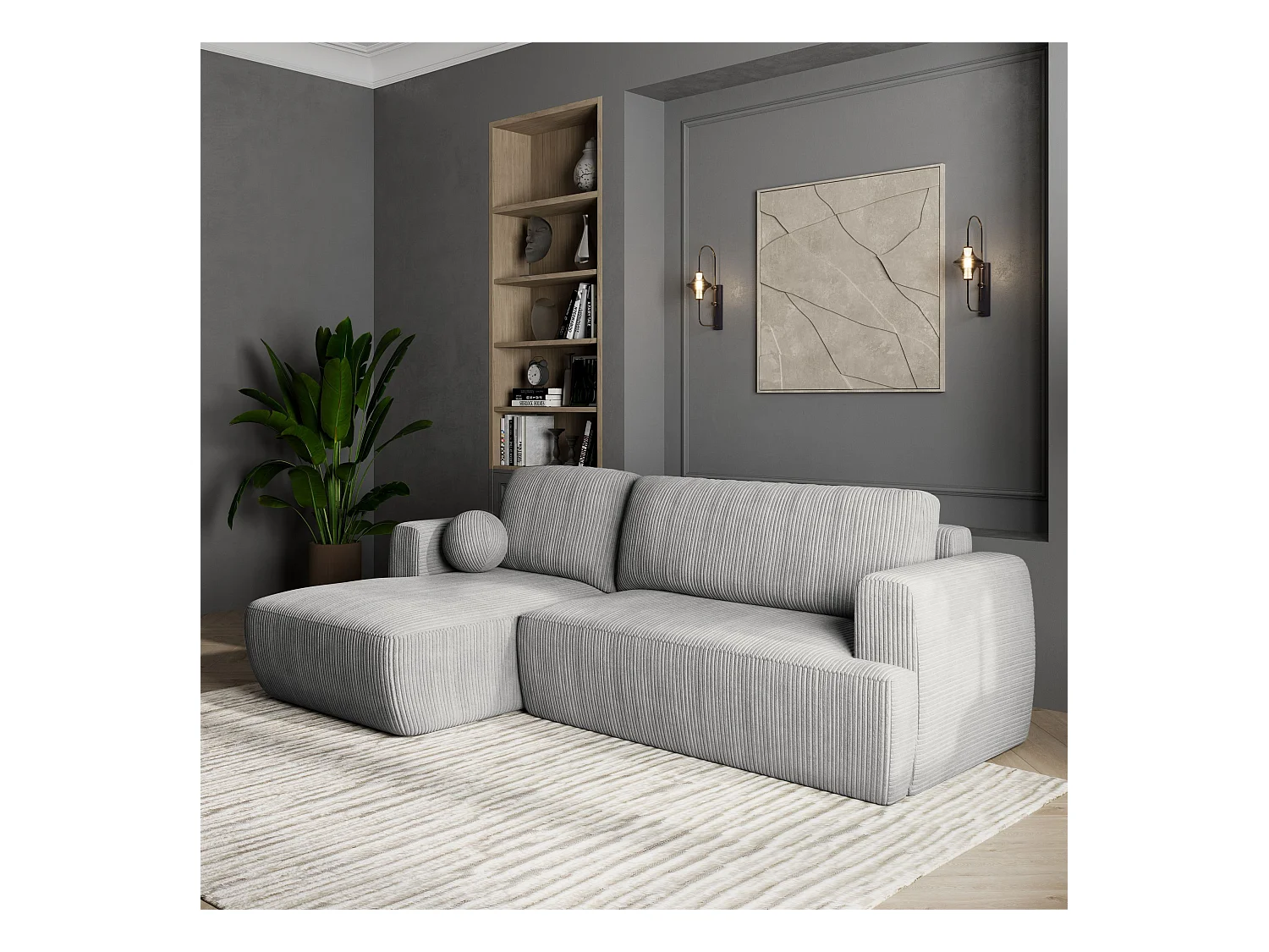 Canapé d'angle SENTI Gris clair en velours côtelé avec fonction de couchage