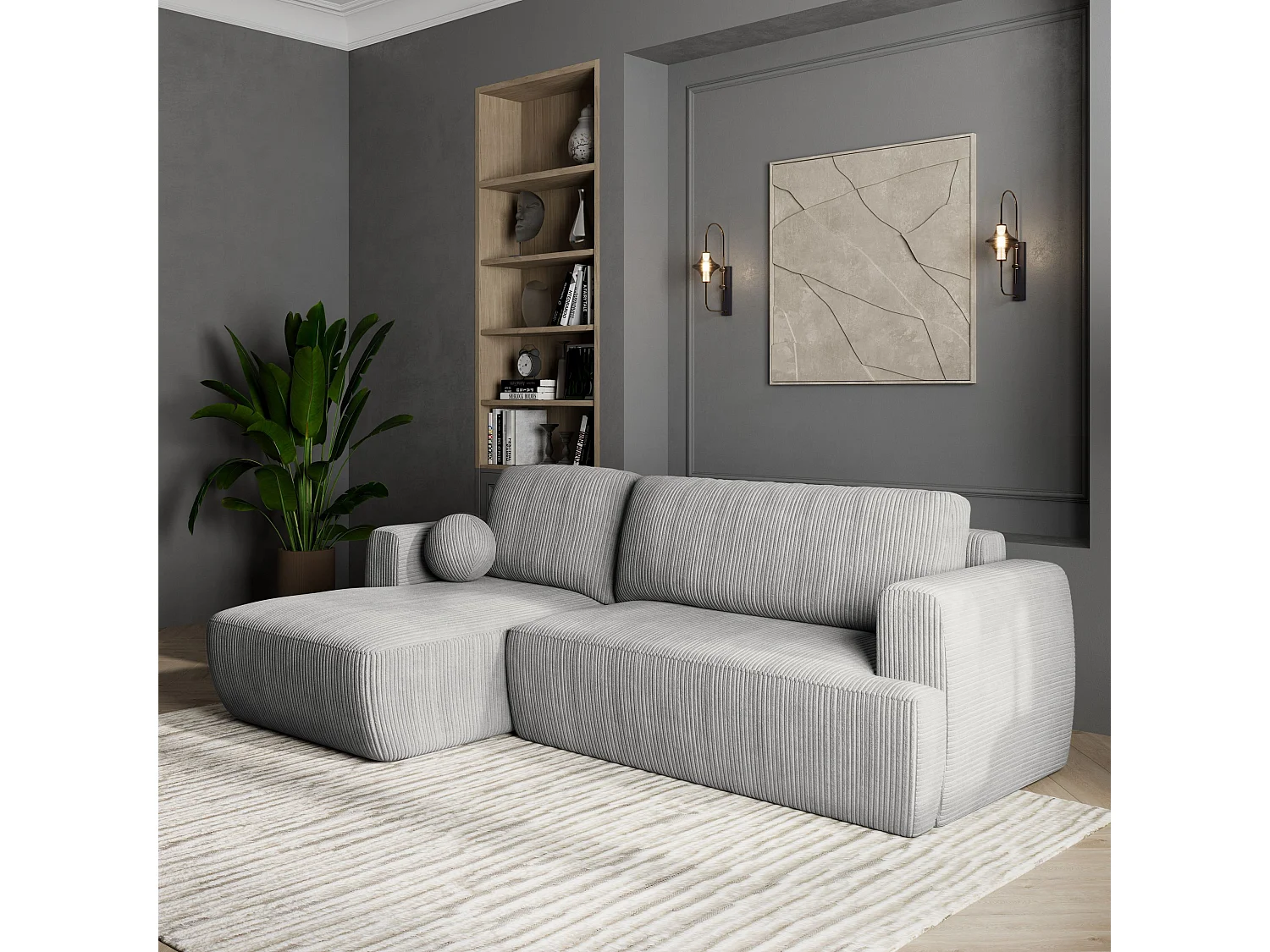 Canapé d'angle SENTI Gris clair en velours côtelé avec fonction de couchage