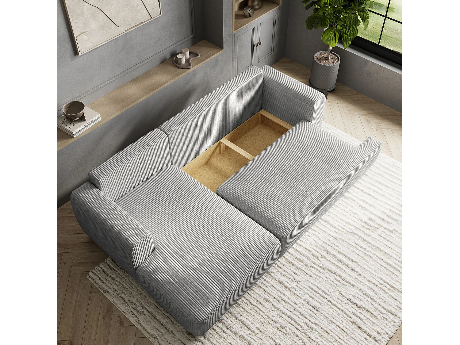 Canapé d'angle SENTI Gris clair en velours côtelé avec fonction de couchage