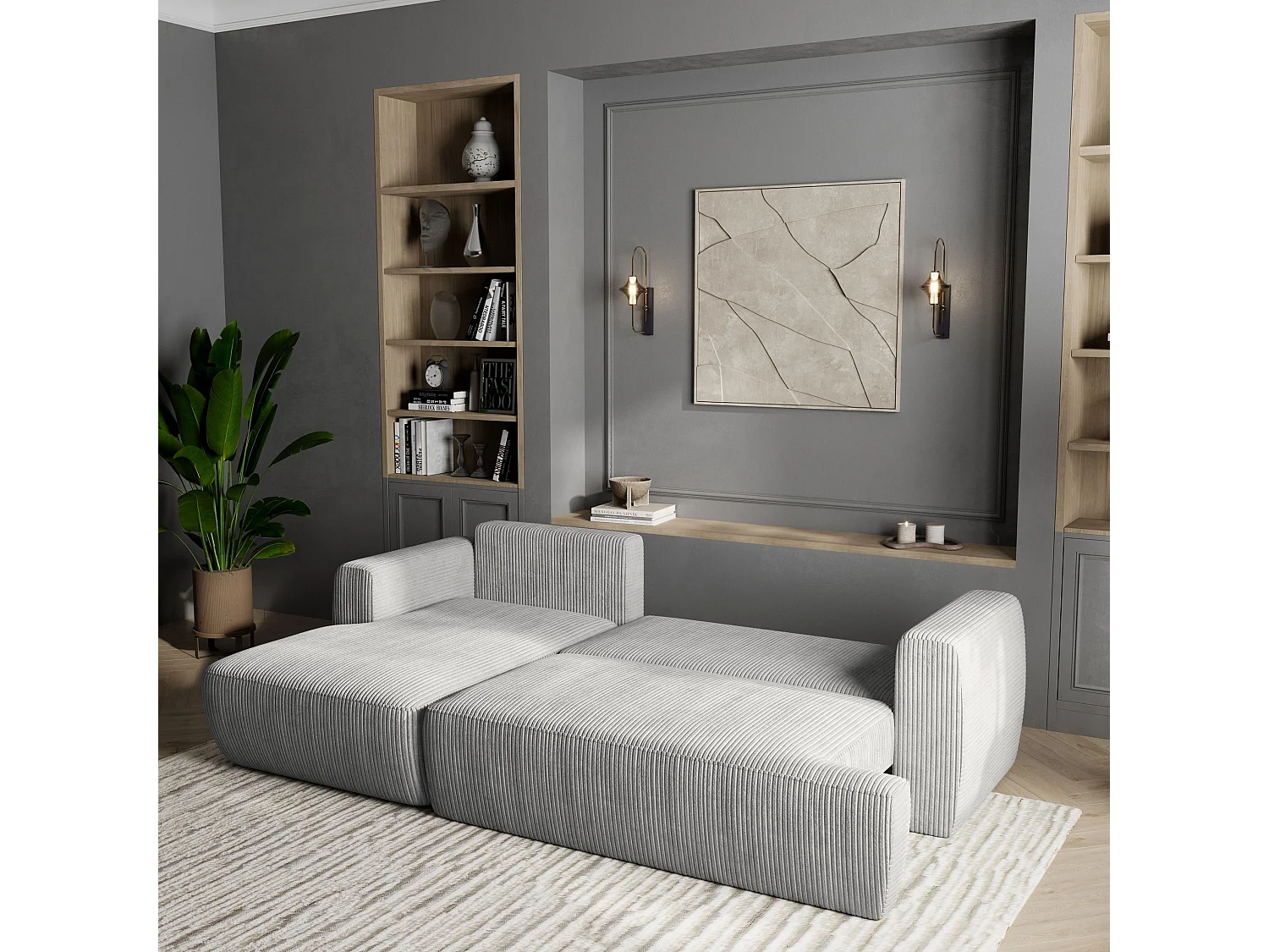 Canapé d'angle SENTI Gris clair en velours côtelé avec fonction de couchage