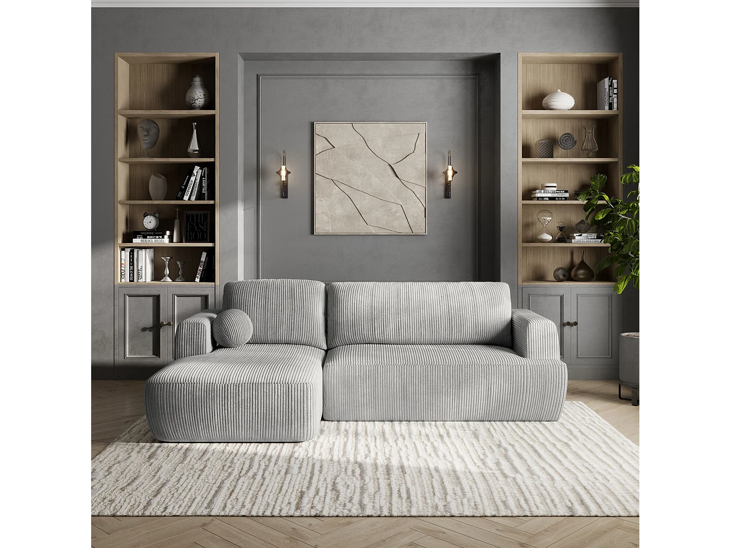 Canapé d'angle SENTI Gris clair en velours côtelé avec fonction de couchage