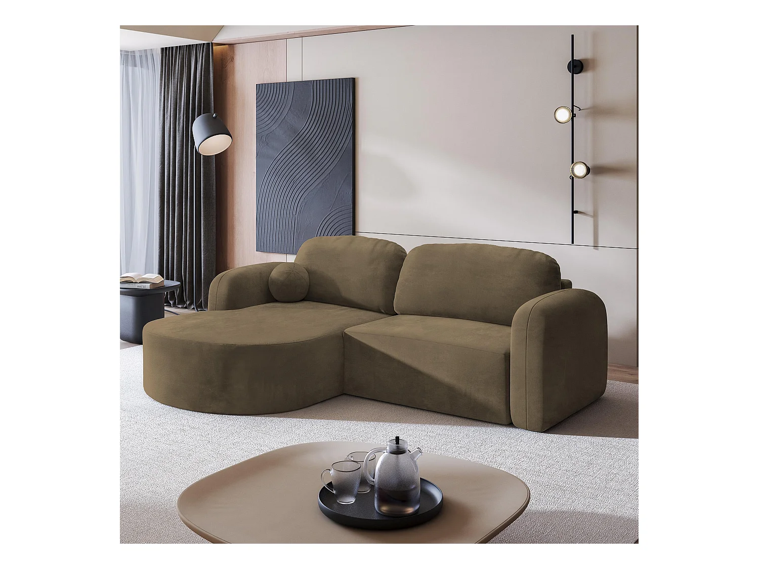 Canapé d'angle AMILIA Beige en velours avec fonction de couchage