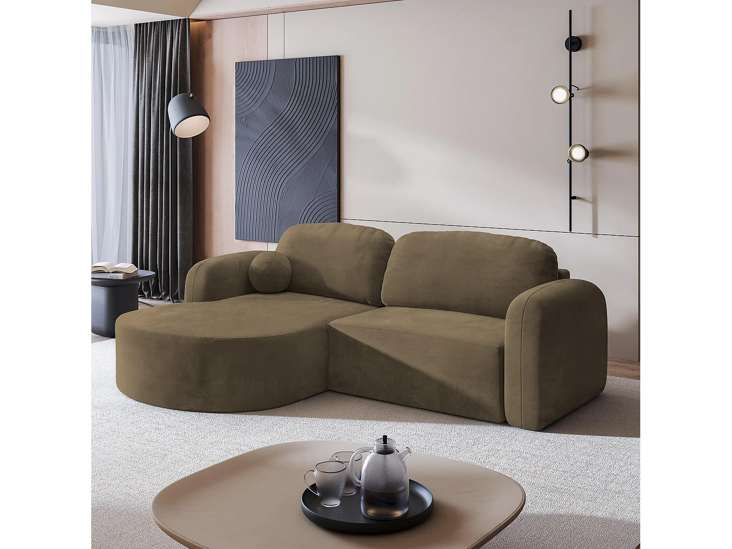 Canapé d'angle AMILIA Beige en velours avec fonction de couchage