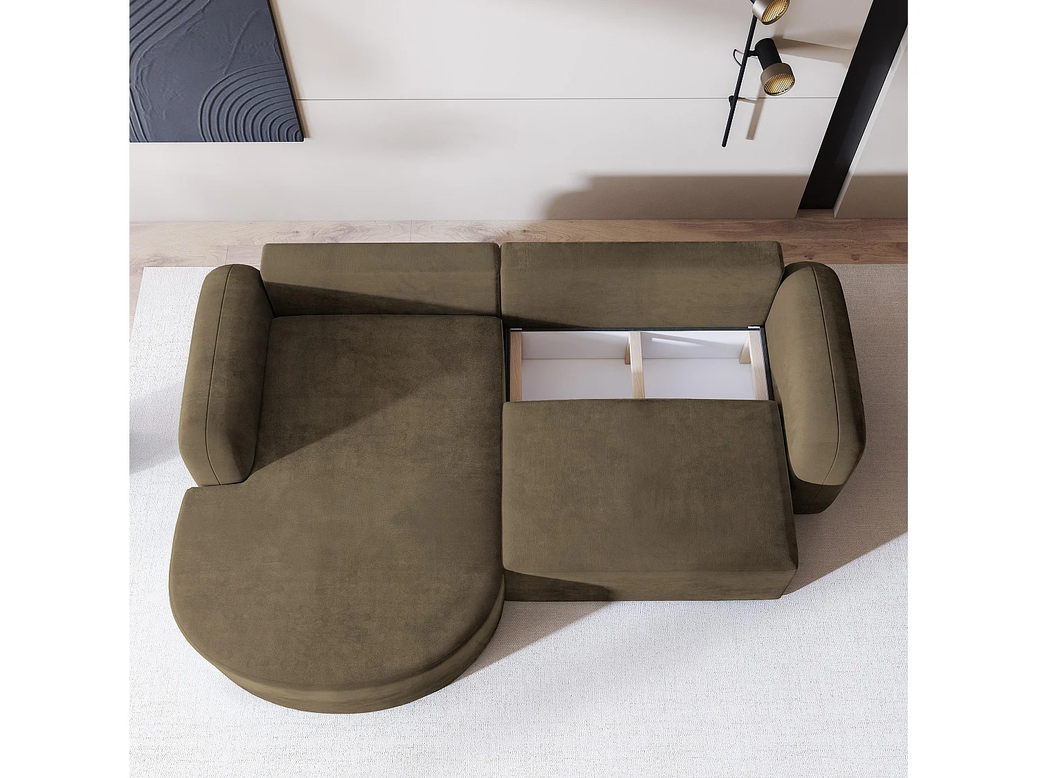 Canapé d'angle AMILIA Beige en velours avec fonction de couchage
