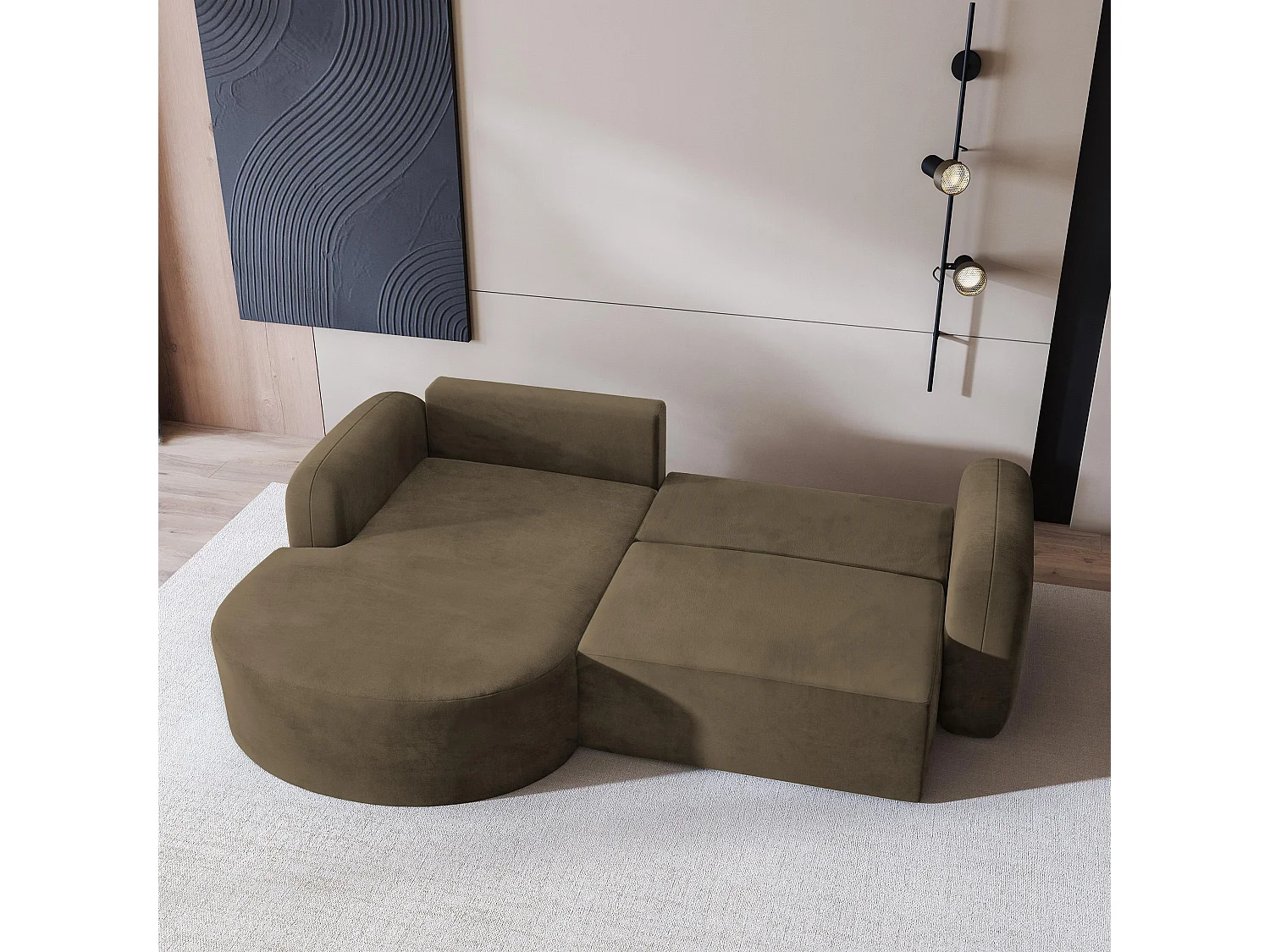 Canapé d'angle AMILIA Beige en velours avec fonction de couchage