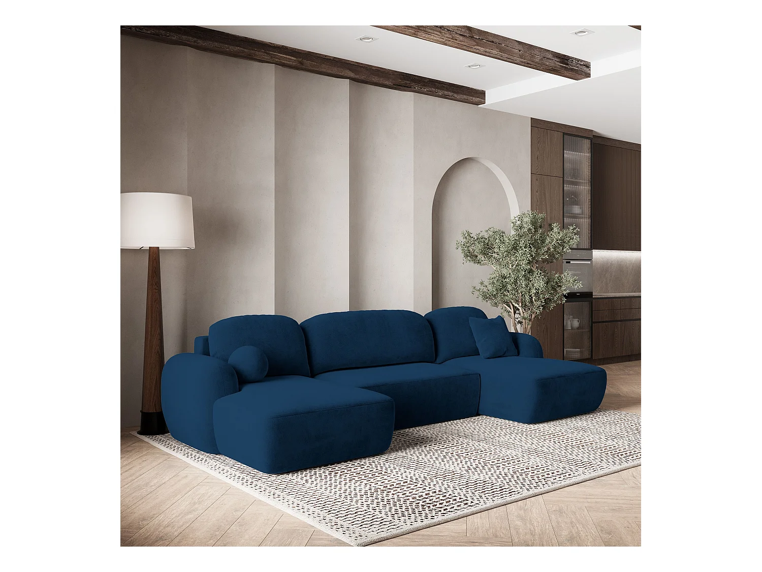 Canapé d'angle SAVONA Bleu en peluche avec fonction de couchage