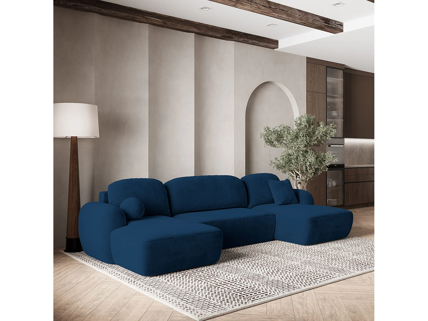 Canapé d'angle SAVONA Bleu en peluche avec fonction de couchage
