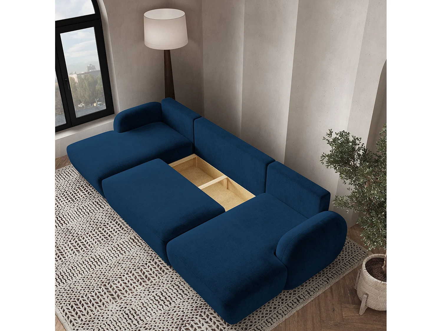 Canapé d'angle SAVONA Bleu en peluche avec fonction de couchage