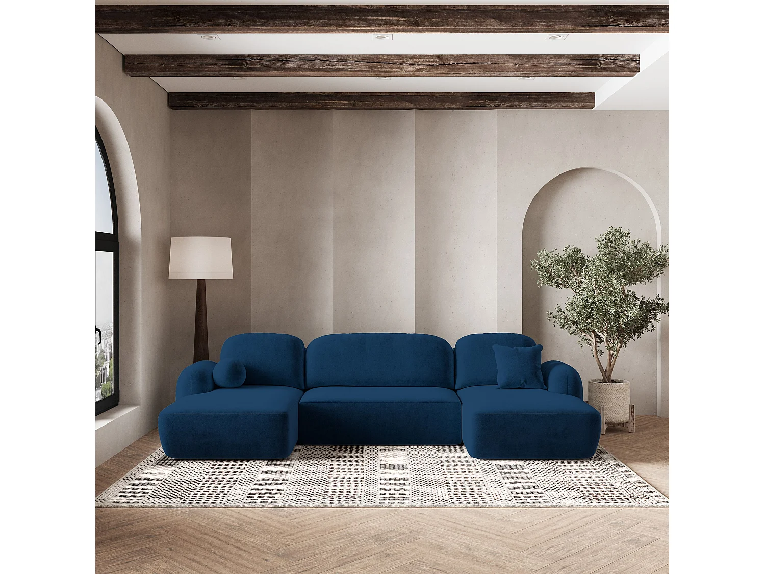 Canapé d'angle SAVONA Bleu en peluche avec fonction de couchage