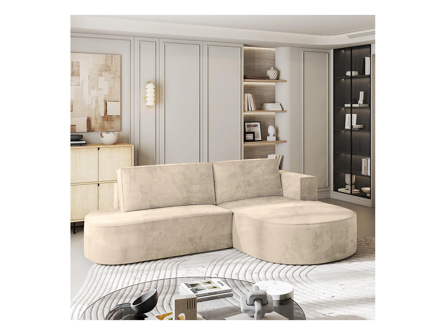 Canapé d'angle CORTIO Crème en velours avec fonction de couchage
