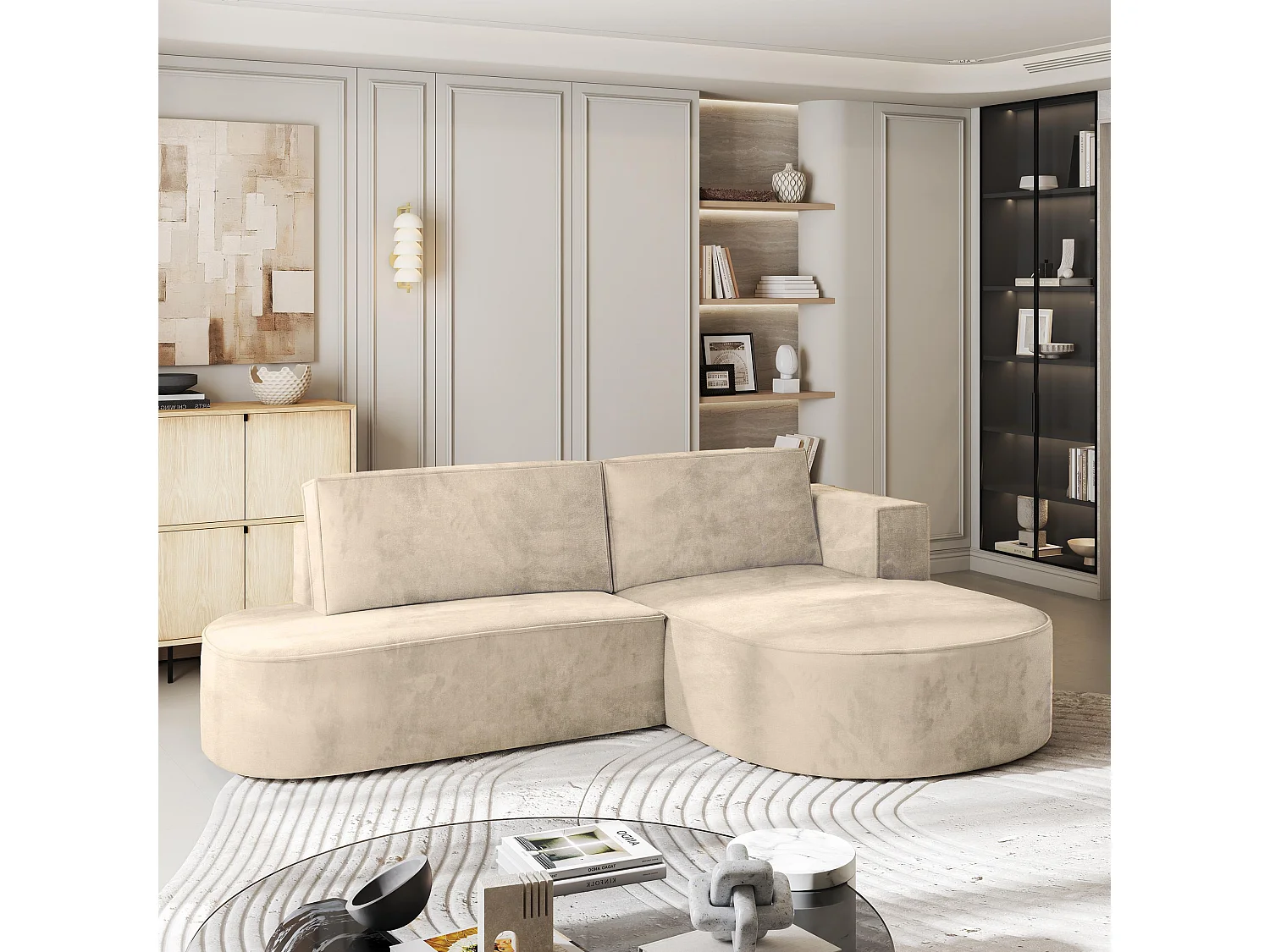 Canapé d'angle CORTIO Crème en velours avec fonction de couchage