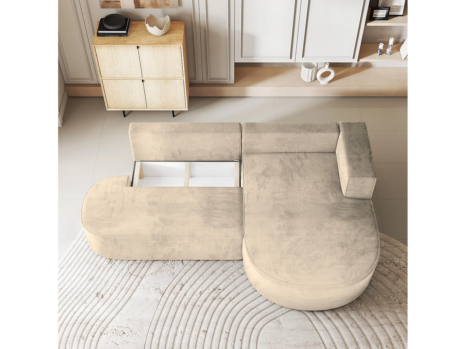 Canapé d'angle CORTIO Crème en velours avec fonction de couchage