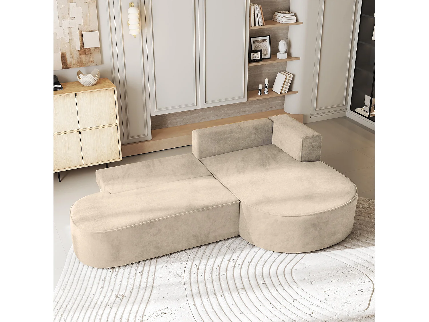 Canapé d'angle CORTIO Crème en velours avec fonction de couchage