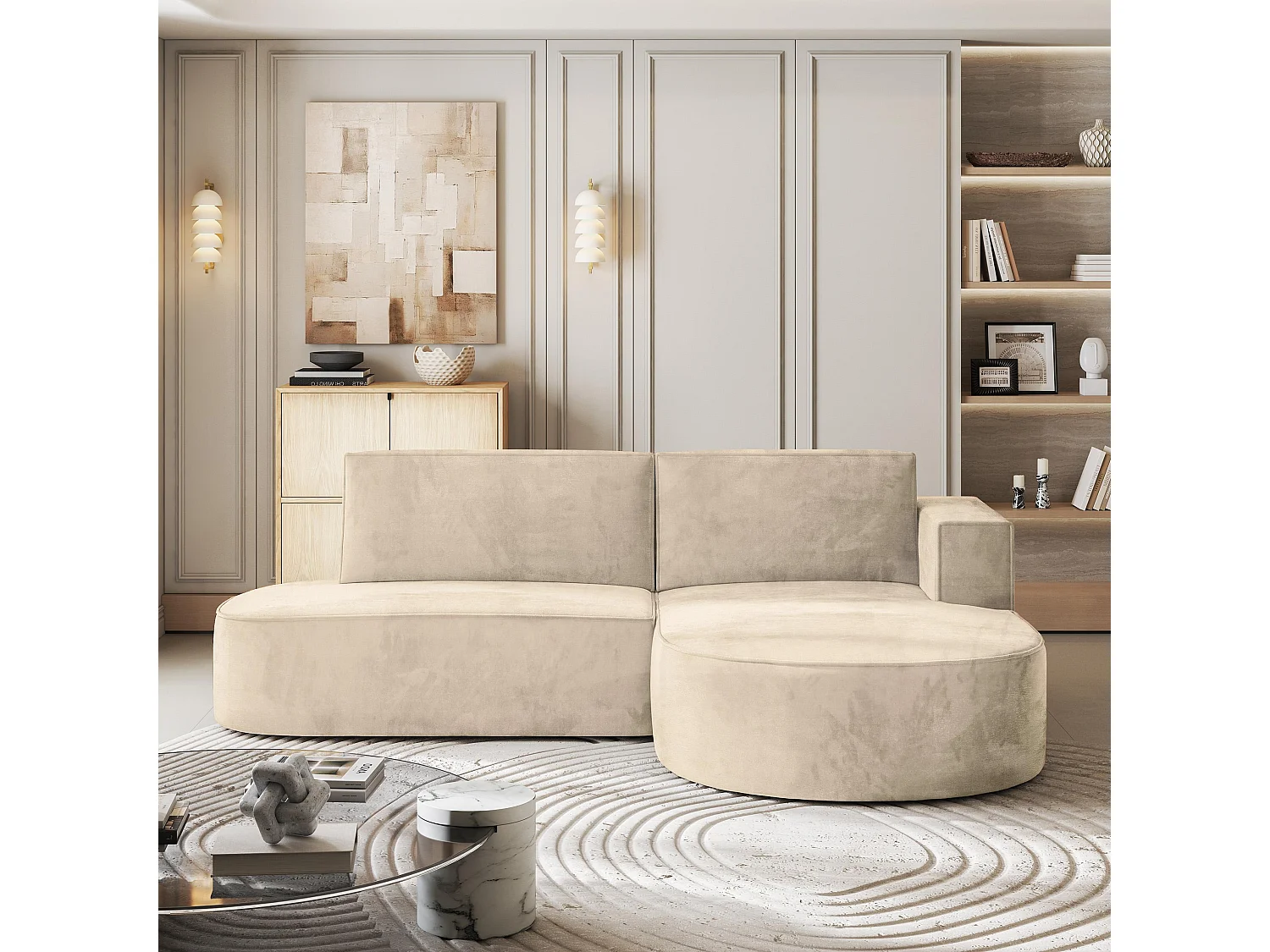 Canapé d'angle CORTIO Crème en velours avec fonction de couchage