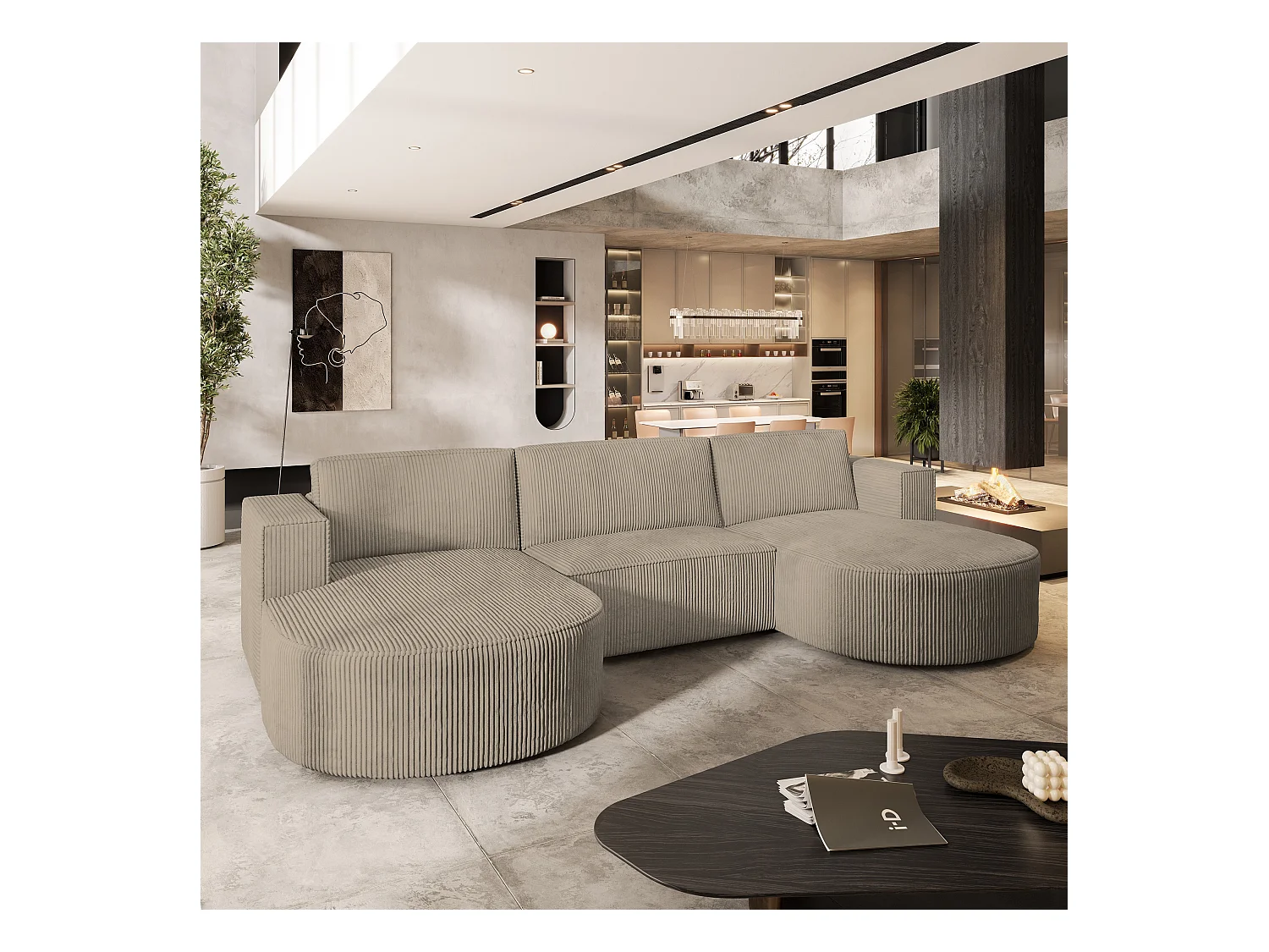 Canapé d'angle VEZZO Beige en velours côtelé avec fonction de couchage