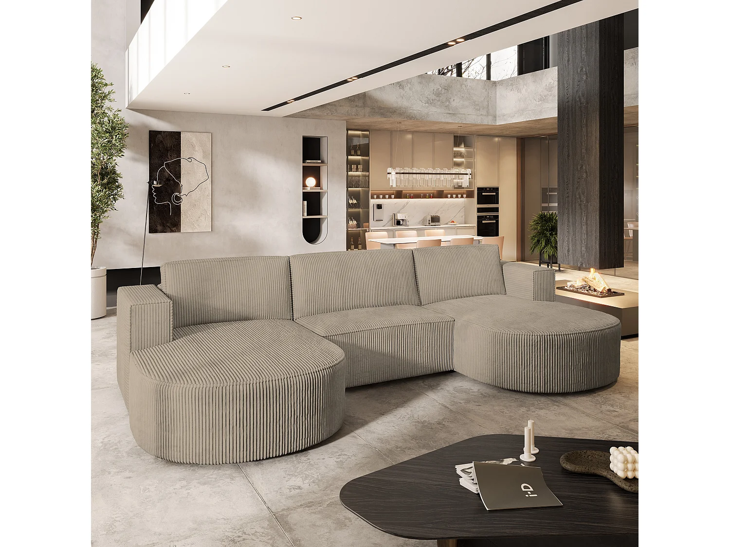 Canapé d'angle VEZZO Beige en velours côtelé avec fonction de couchage