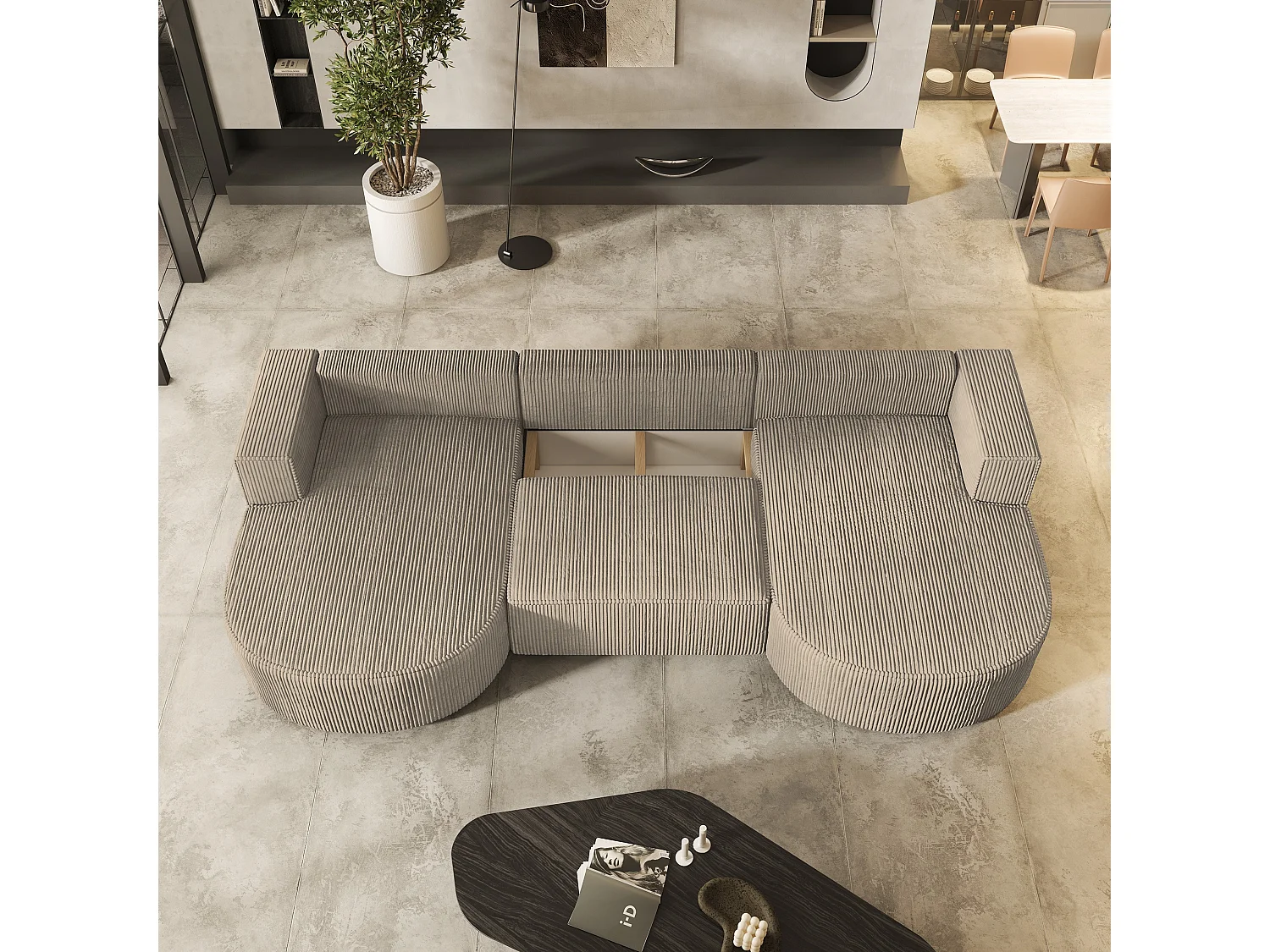 Canapé d'angle VEZZO Beige en velours côtelé avec fonction de couchage