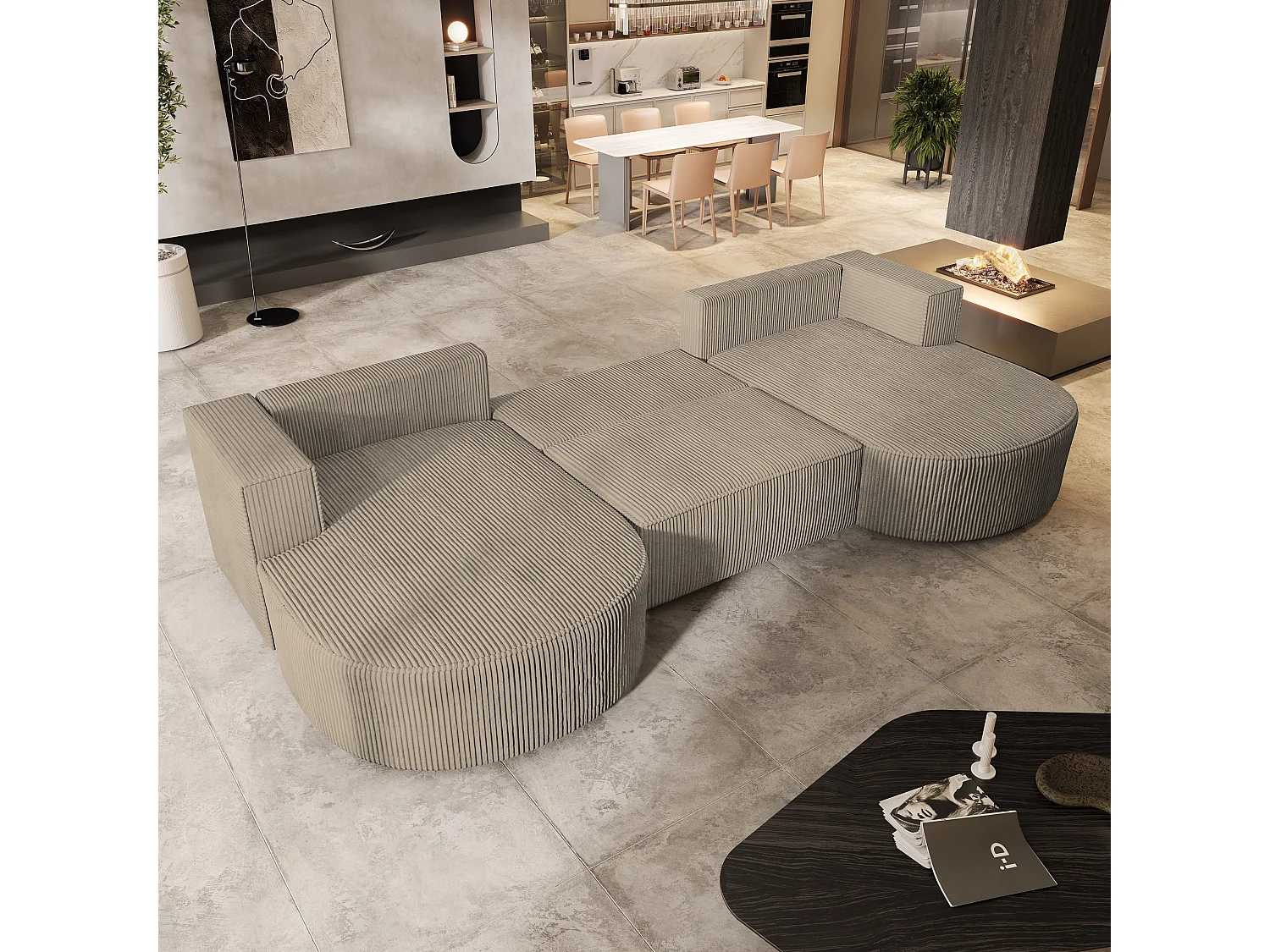 Canapé d'angle VEZZO Beige en velours côtelé avec fonction de couchage