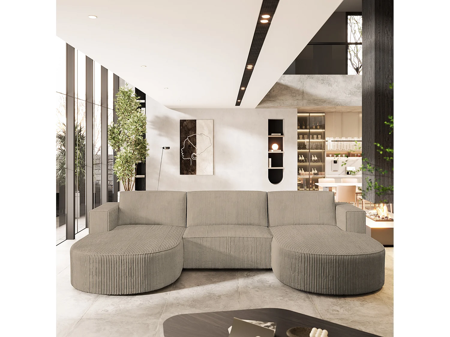 Canapé d'angle VEZZO Beige en velours côtelé avec fonction de couchage