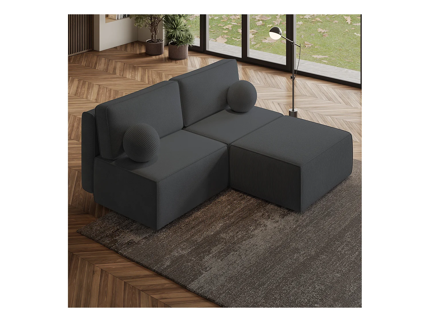 Canapé d'angle VARNA Gris anthracite en velours côtelé avec fonction de couchage