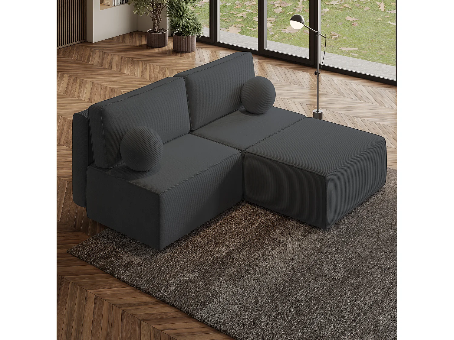 Canapé d'angle VARNA Gris anthracite en velours côtelé avec fonction de couchage