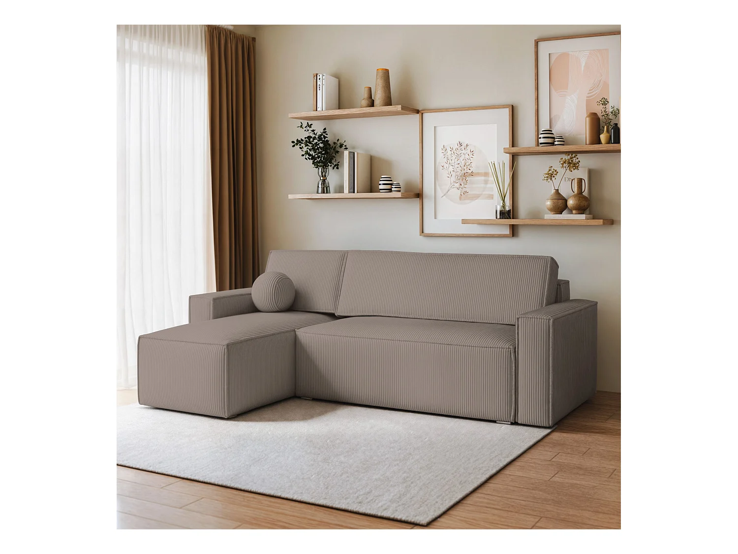 Canapé d'angle RAVELO Beige en velours côtelé avec fonction de couchage