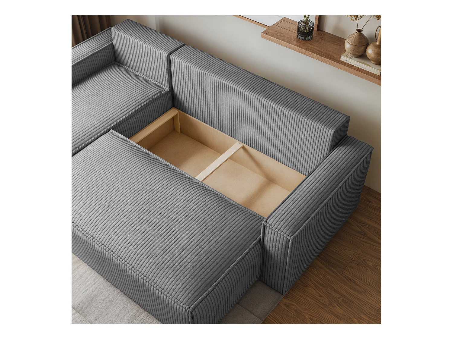 Canapé d'angle RAVELO Beige en velours côtelé avec fonction de couchage