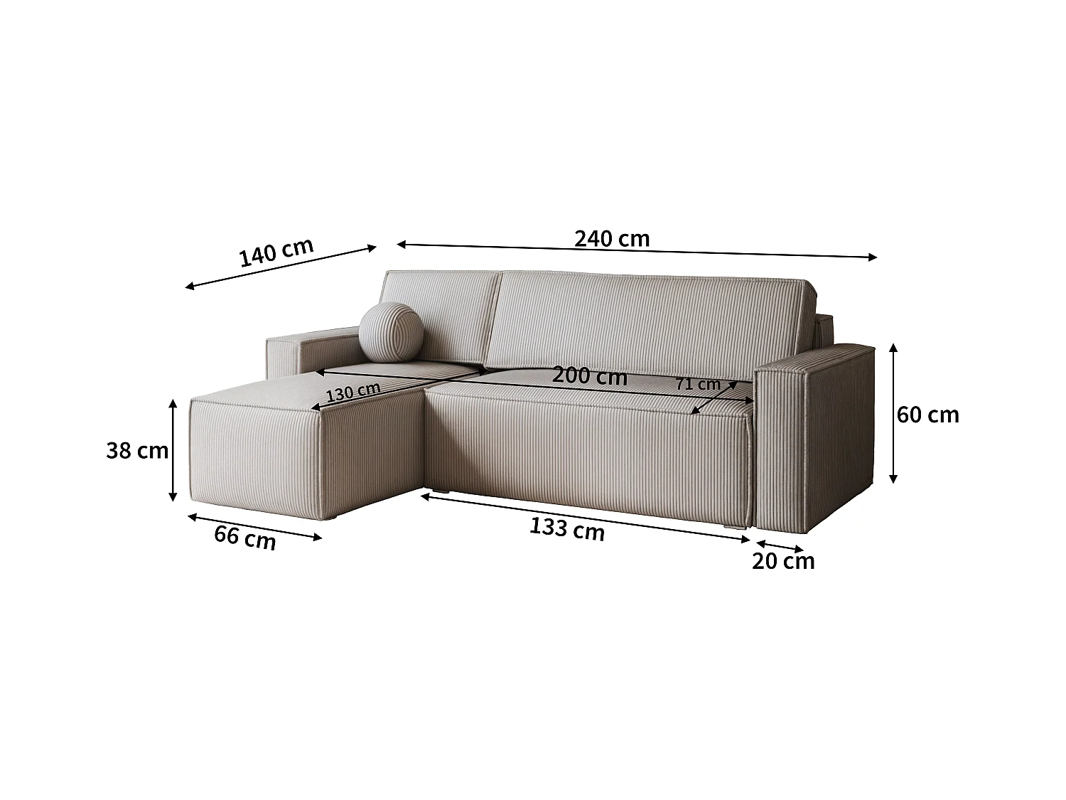 Canapé d'angle RAVELO Beige en velours côtelé avec fonction de couchage