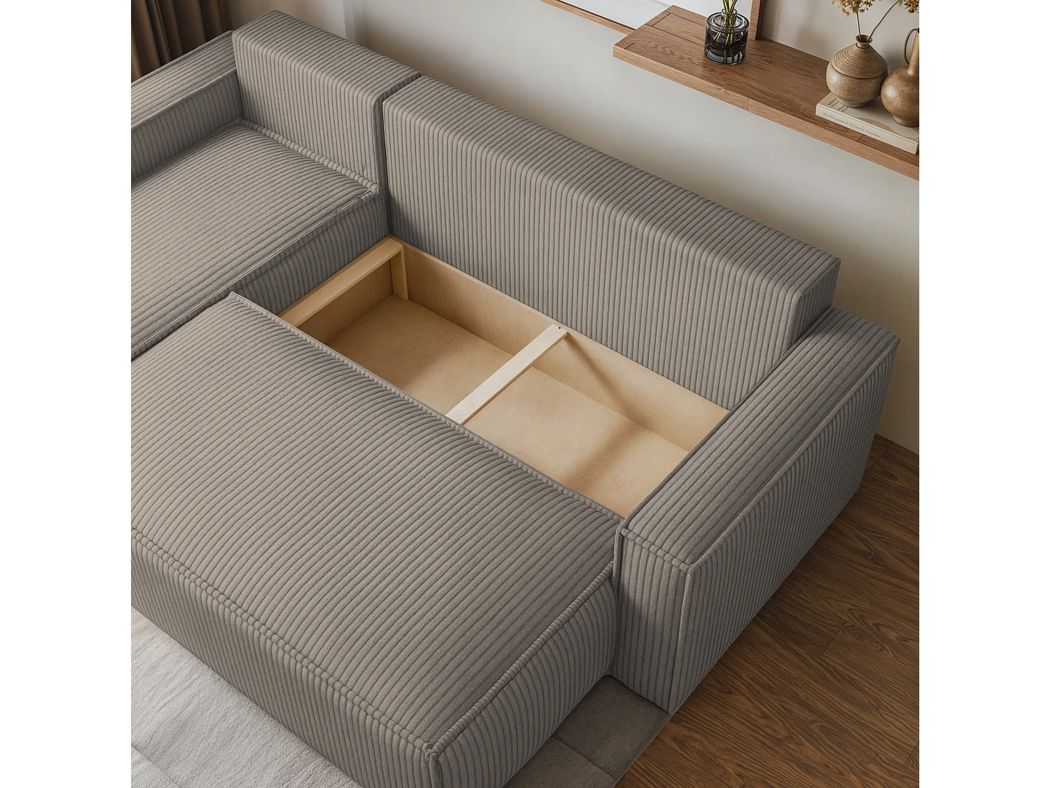 Canapé d'angle RAVELO Beige en velours côtelé avec fonction de couchage