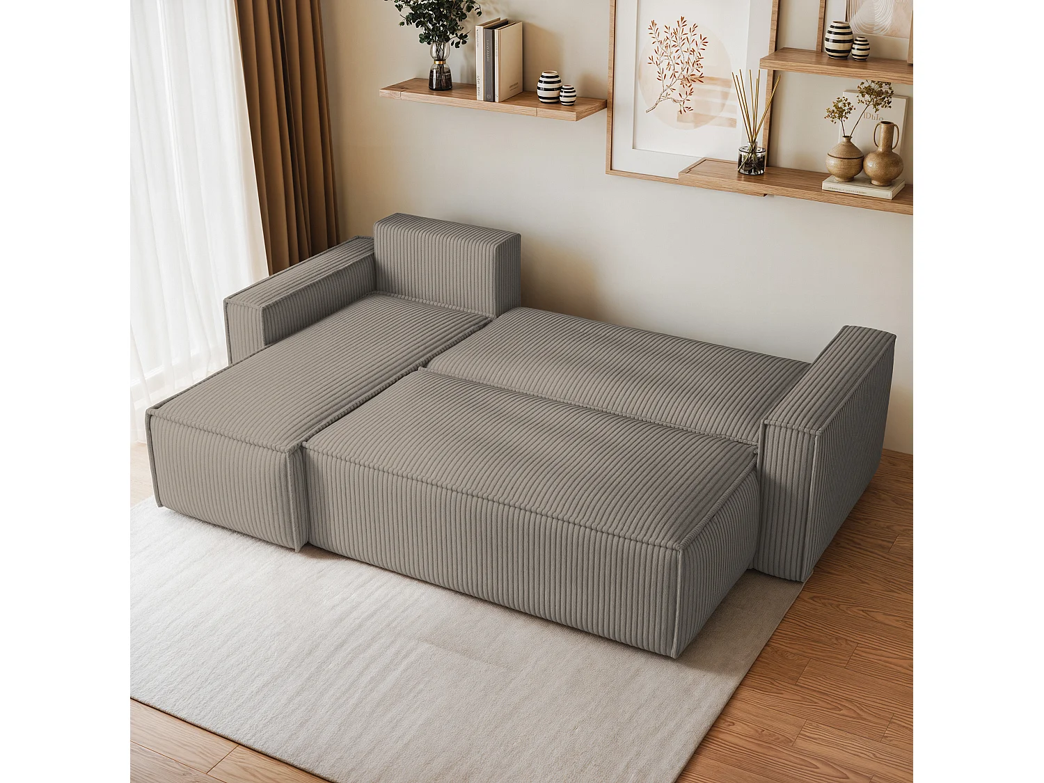 Canapé d'angle RAVELO Beige en velours côtelé avec fonction de couchage