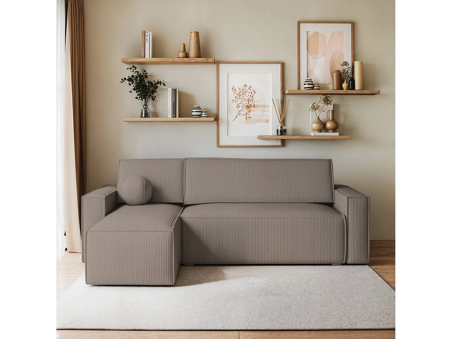 Canapé d'angle RAVELO Beige en velours côtelé avec fonction de couchage