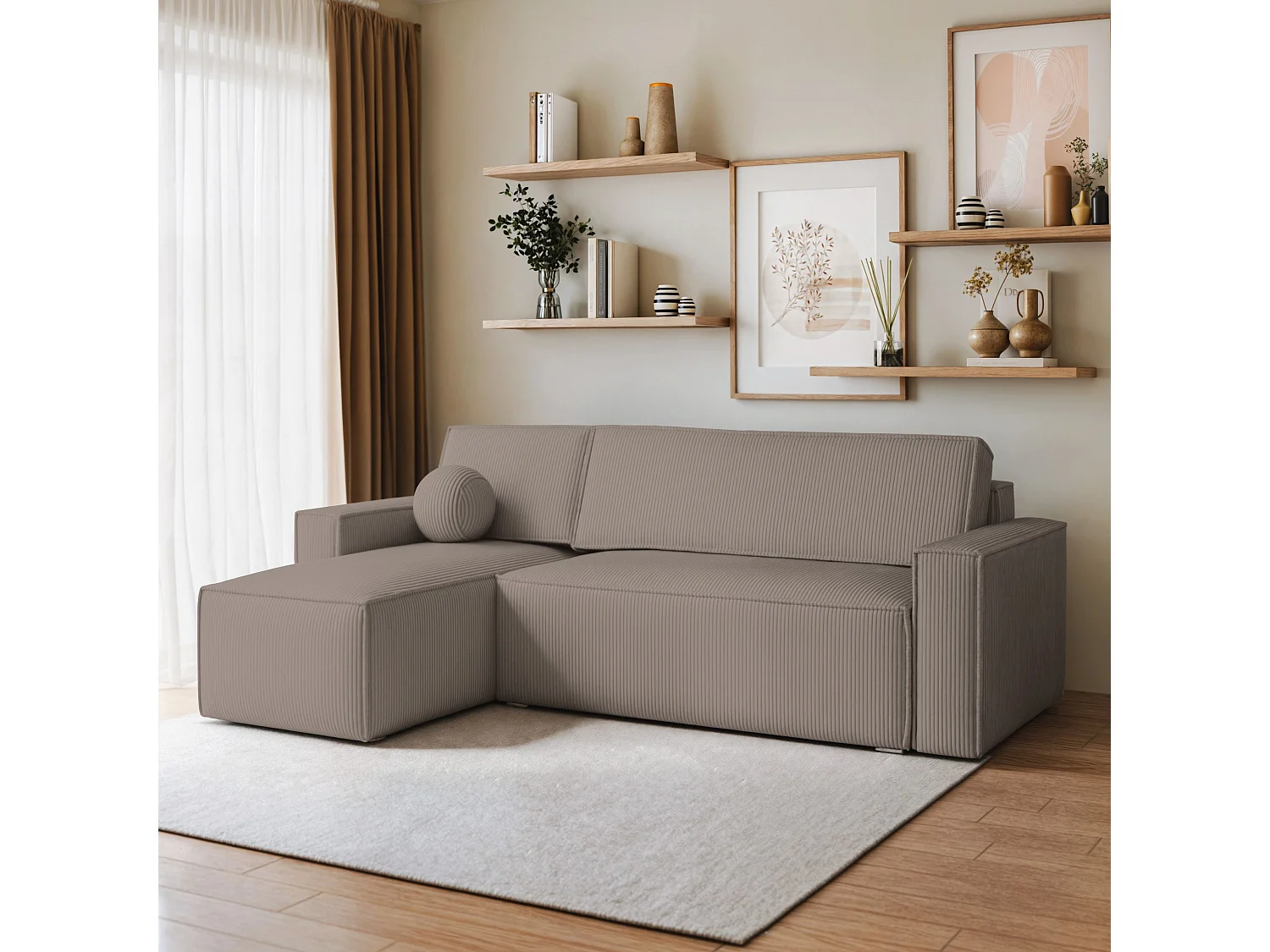 Canapé d'angle RAVELO Beige en velours côtelé avec fonction de couchage