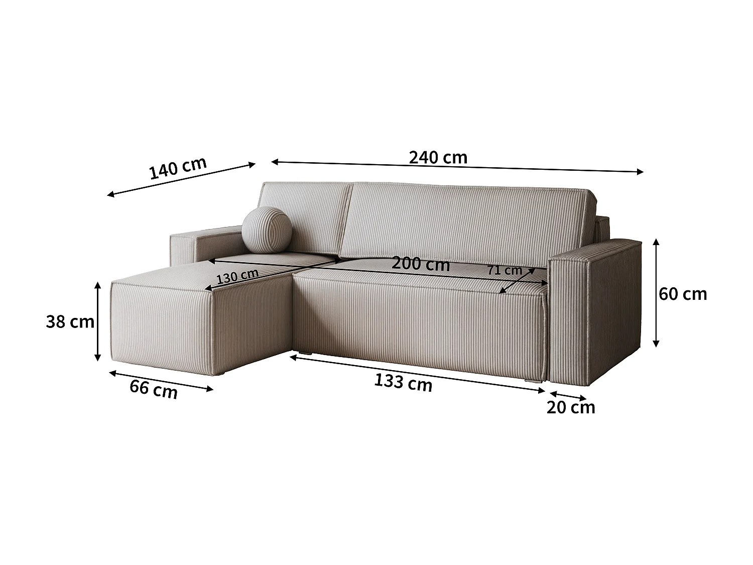 Canapé d'angle RAVELO Beige en velours côtelé avec fonction de couchage