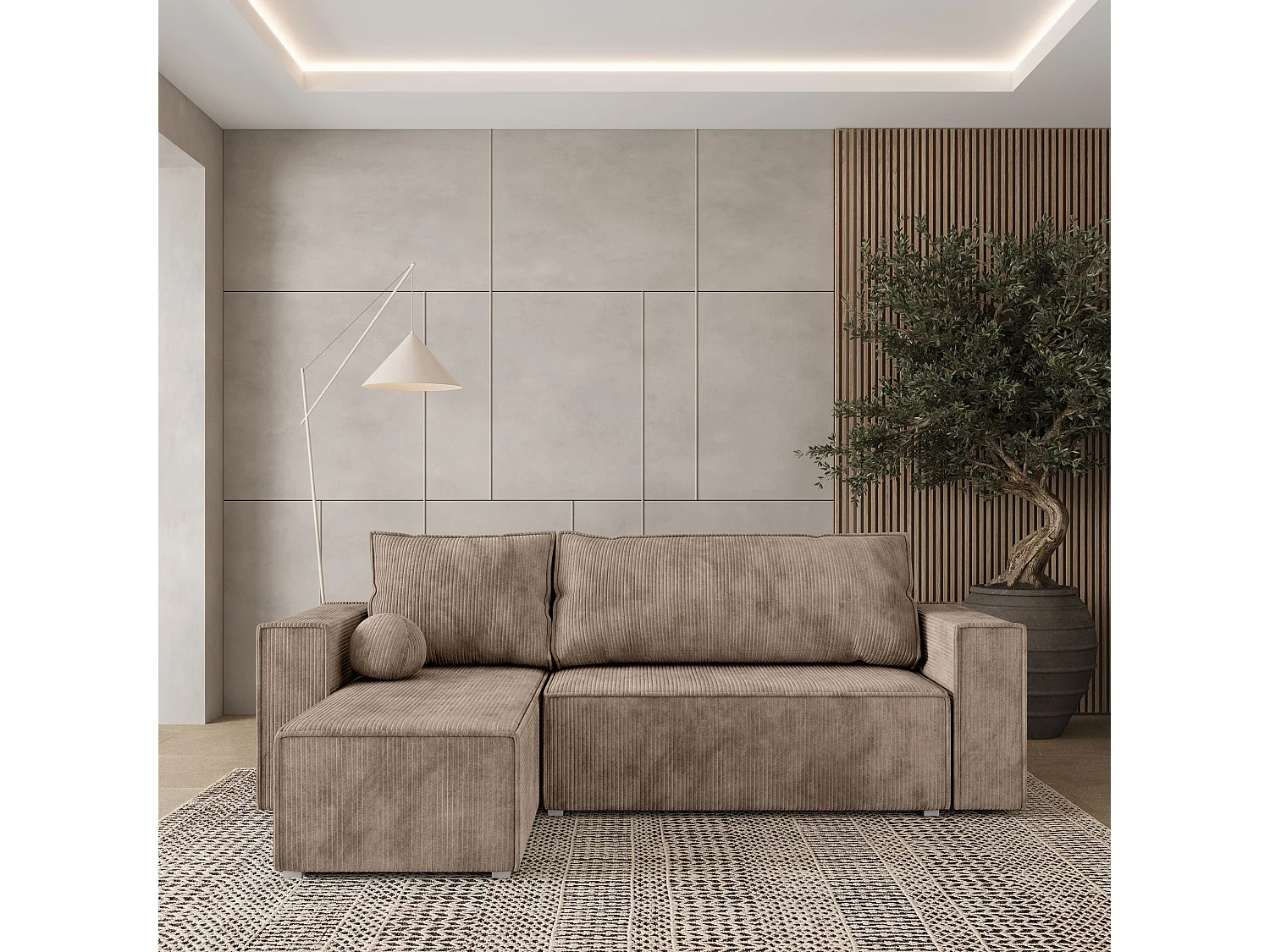 Canapé d'angle RAVELO Beige en velours côtelé avec fonction de couchage