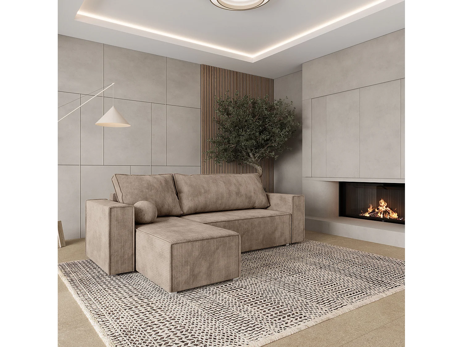 Canapé d'angle RAVELO Beige en velours côtelé avec fonction de couchage