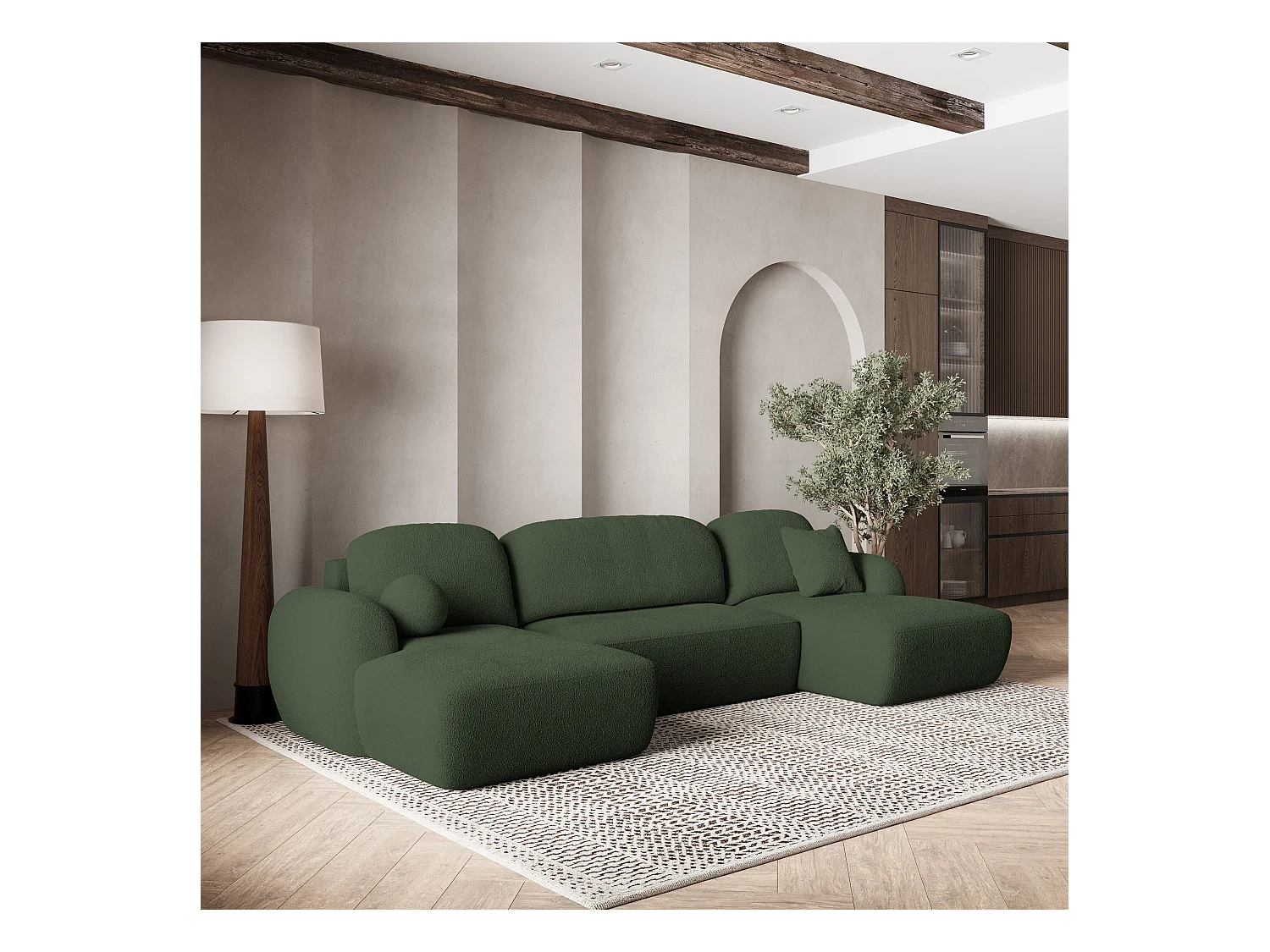 Canapé d'angle SAVONA Vert en bouclé avec fonction de couchage