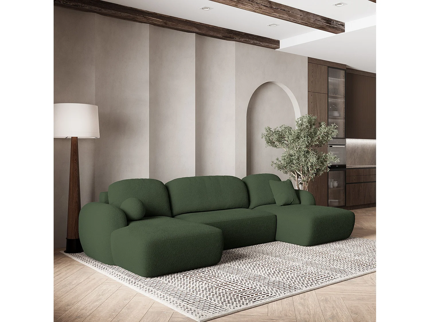 Canapé d'angle SAVONA Vert en bouclé avec fonction de couchage