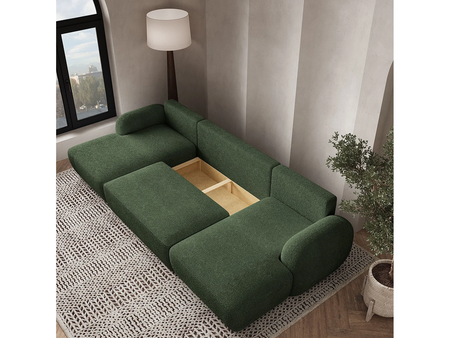 Canapé d'angle SAVONA Vert en bouclé avec fonction de couchage