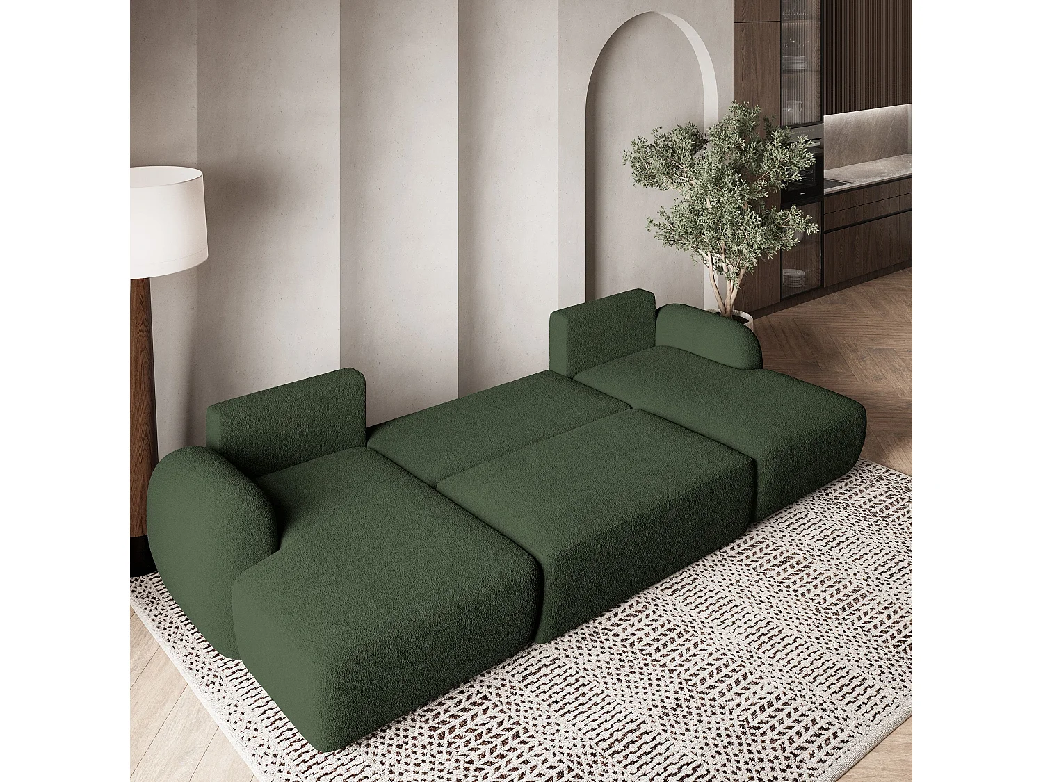 Canapé d'angle SAVONA Vert en bouclé avec fonction de couchage