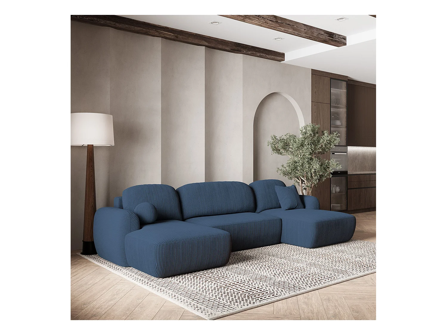 Canapé d'angle SAVONA Bleu en velours côtelé avec fonction de couchage