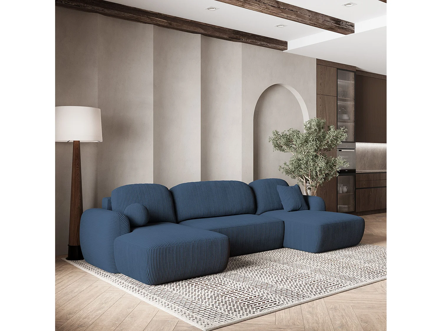 Canapé d'angle SAVONA Bleu en velours côtelé avec fonction de couchage