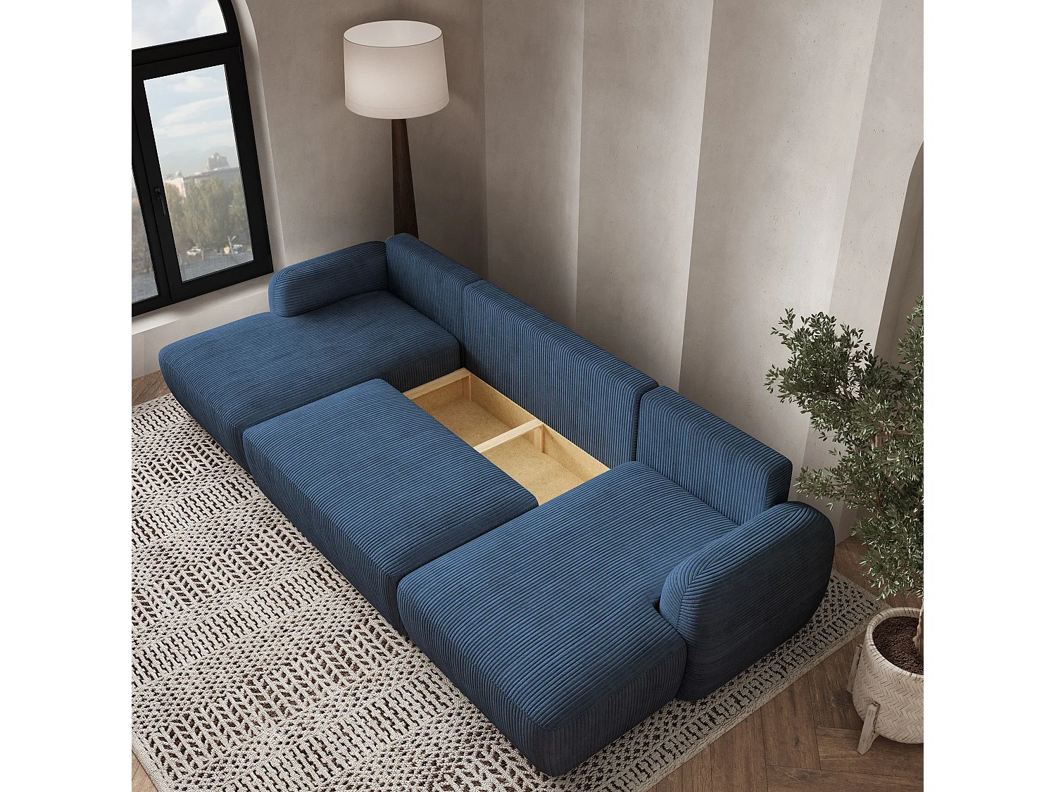 Canapé d'angle SAVONA Bleu en velours côtelé avec fonction de couchage