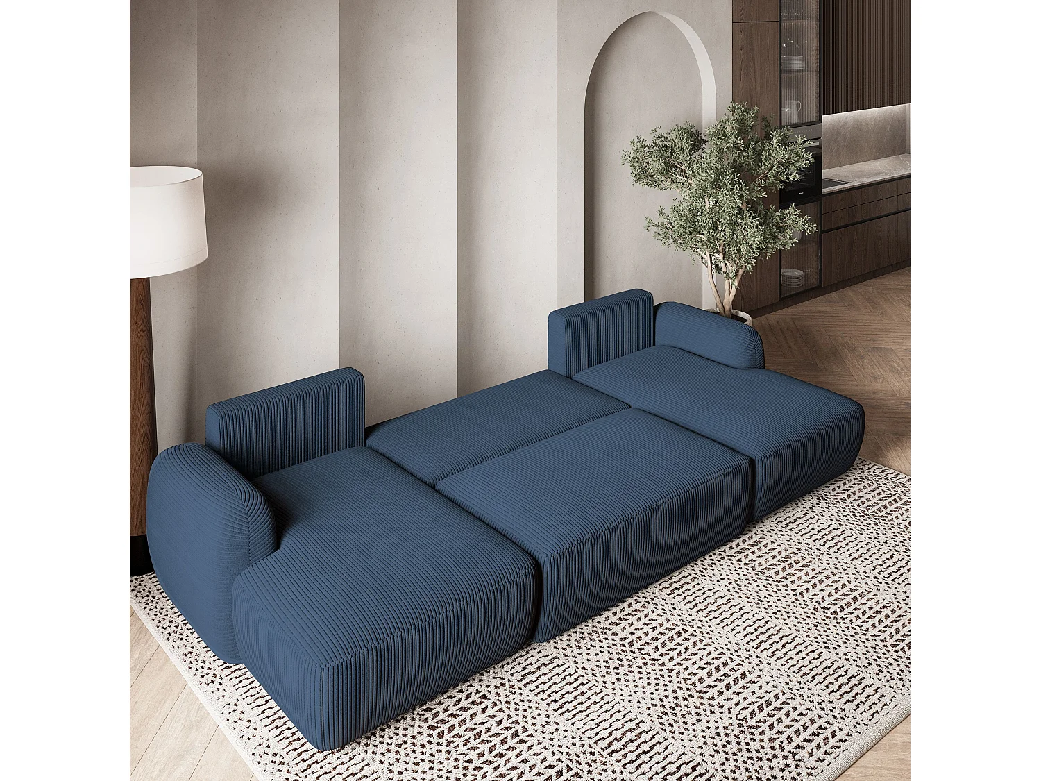 Canapé d'angle SAVONA Bleu en velours côtelé avec fonction de couchage