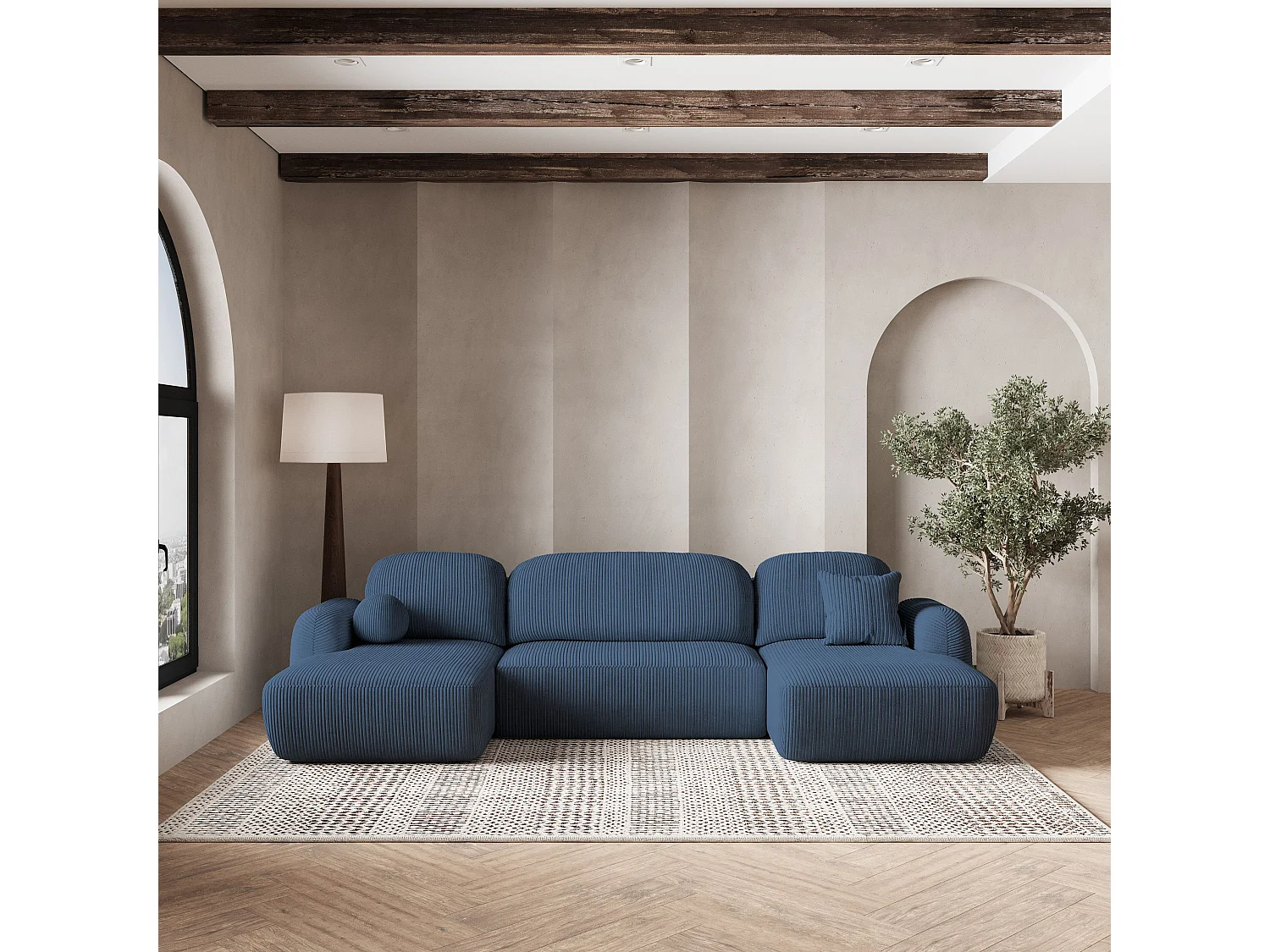 Canapé d'angle SAVONA Bleu en velours côtelé avec fonction de couchage