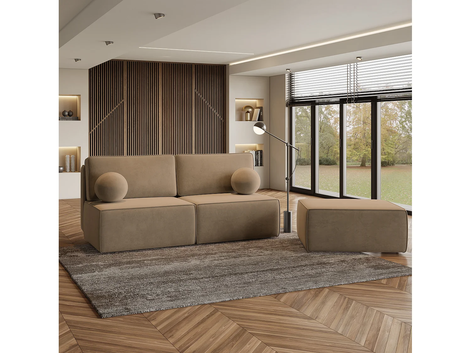 Canapé d'angle VARNA Beige en velours avec fonction de couchage