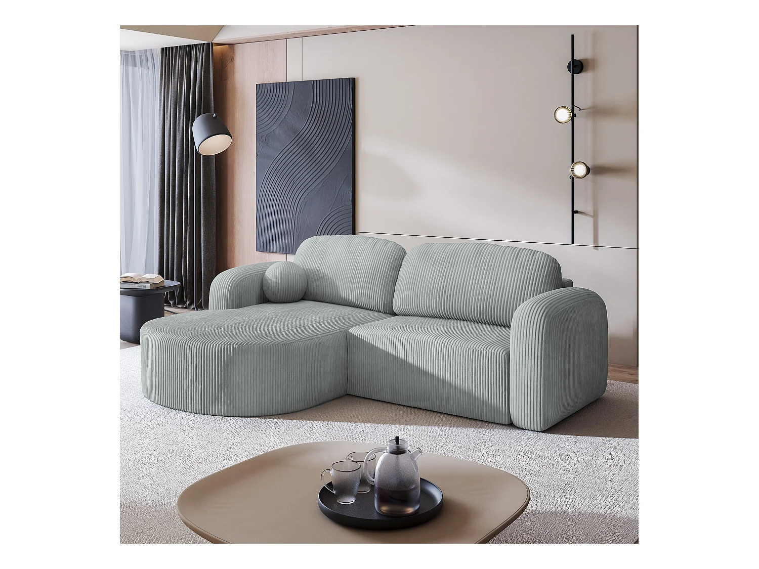 Canapé d'angle AMILIA Gris clair en velours côtelé avec fonction de couchage