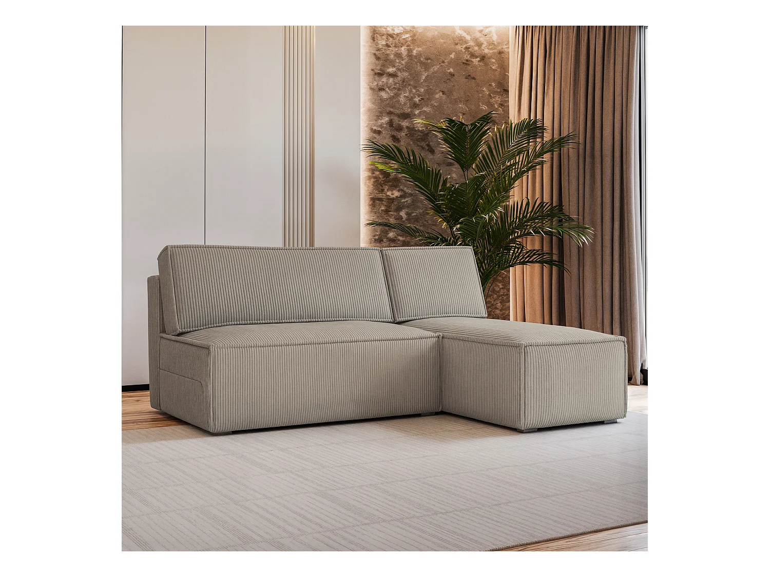 Canapé d'angle BRISO Beige en velours côtelé avec fonction de couchage