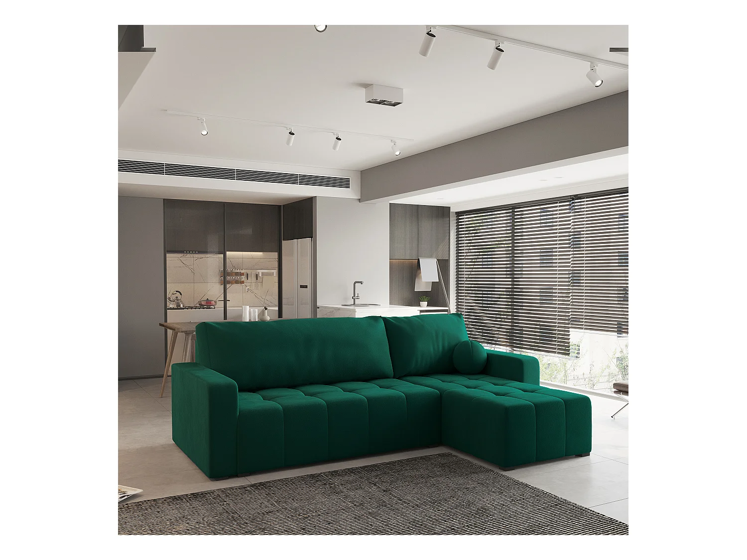 Canapé d'angle VOLIRA Vert Sapin en peluche avec fonction de couchage