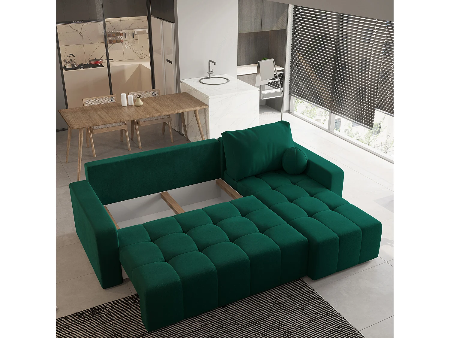 Canapé d'angle VOLIRA Vert Sapin en peluche avec fonction de couchage